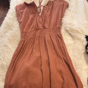 SHEIN Rust Tie-Back Smocked Waist Midi Dress